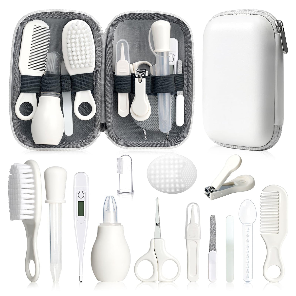 Baby Grooming Kit, Infant Safety Care Set with Hair Brush Comb Nail Clipper Nasal Aspirator,Baby Essentials Kit for Newborn Girls Boys (Grey White) - Jansha Store