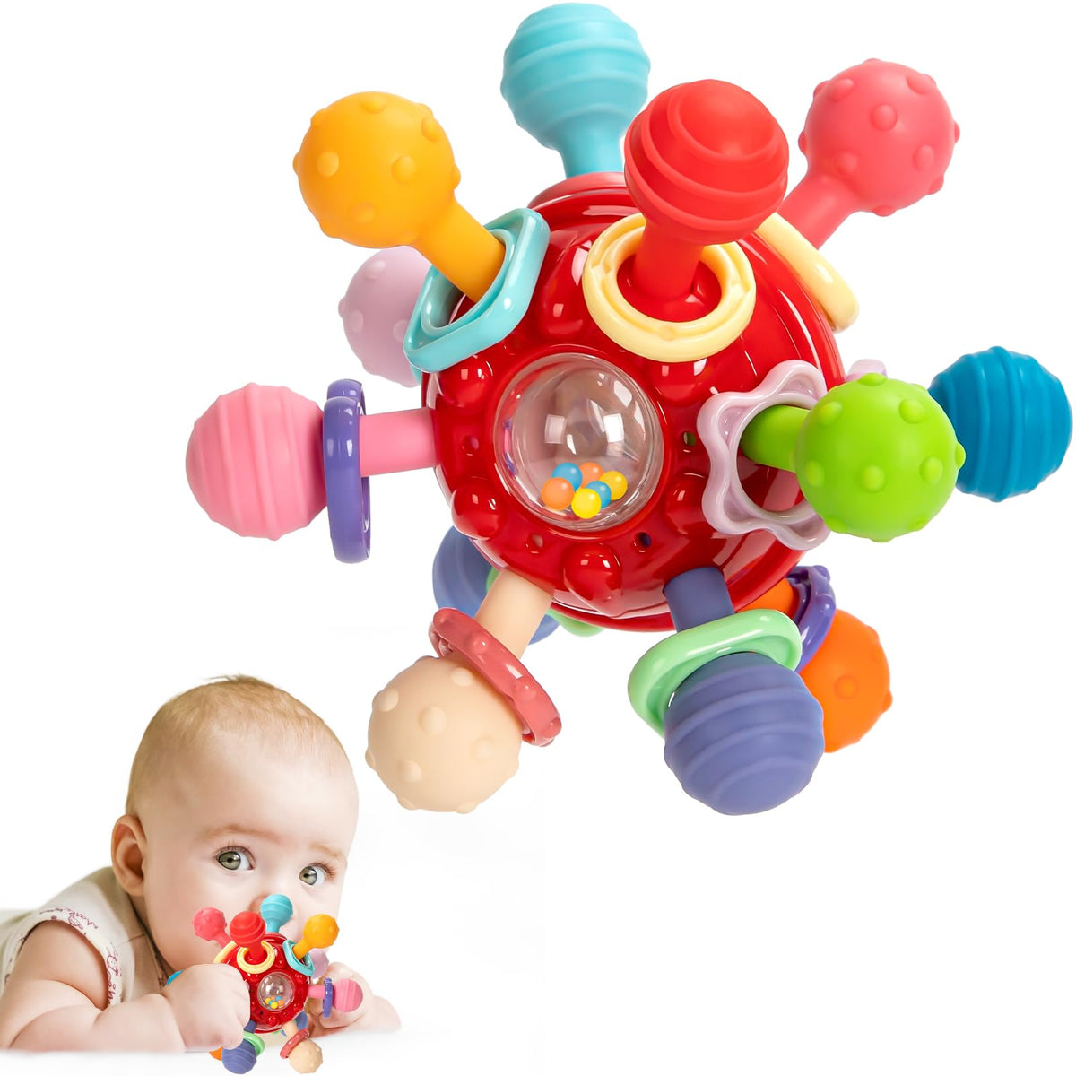Baby Montessori Sensory Teething Toy 0-6 6-12 Months, Teether Ball & Rattle - Jansha Store