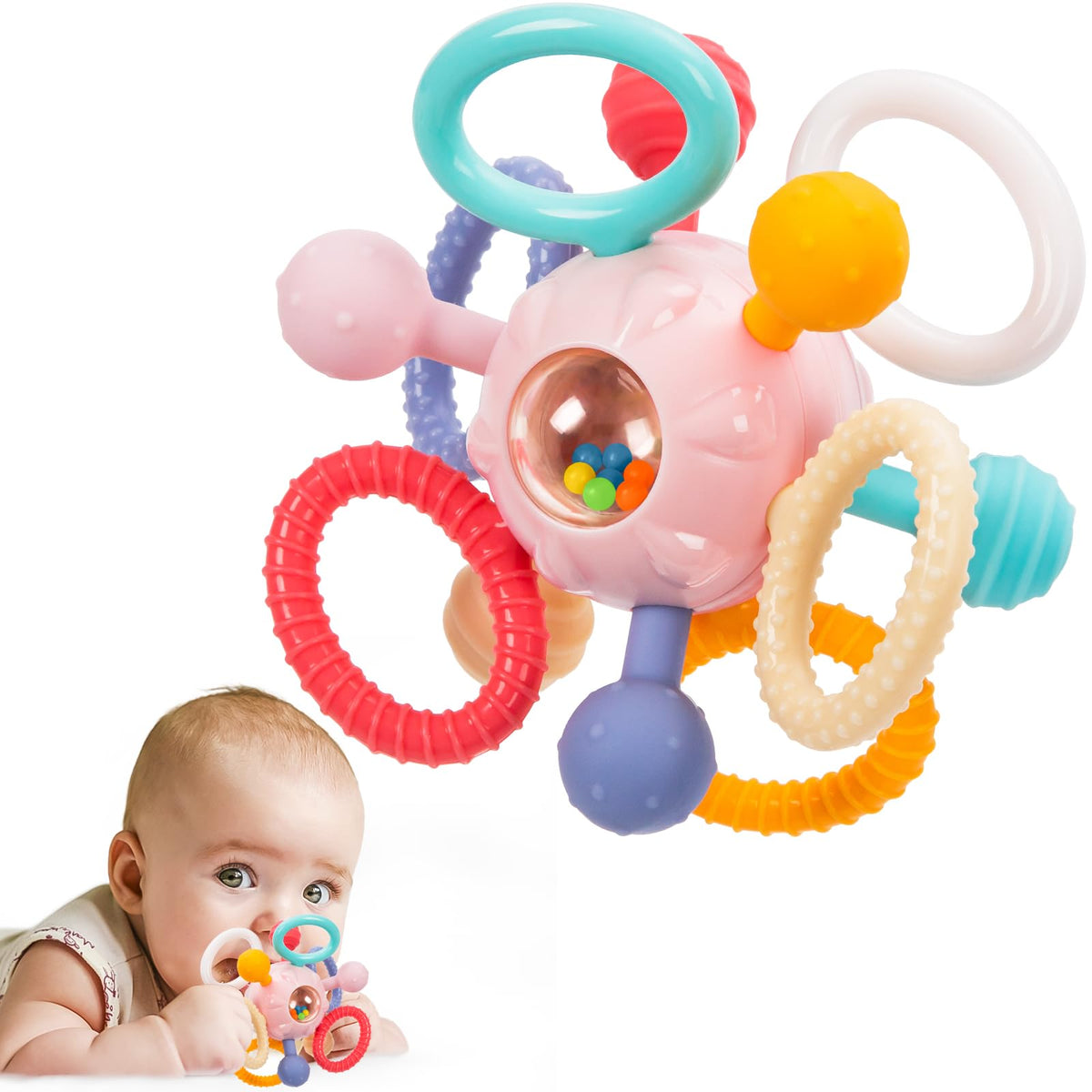 Baby Montessori Sensory Teething Toy 0-6 6-12 Months, Teether Ball & Rattle - Jansha Store