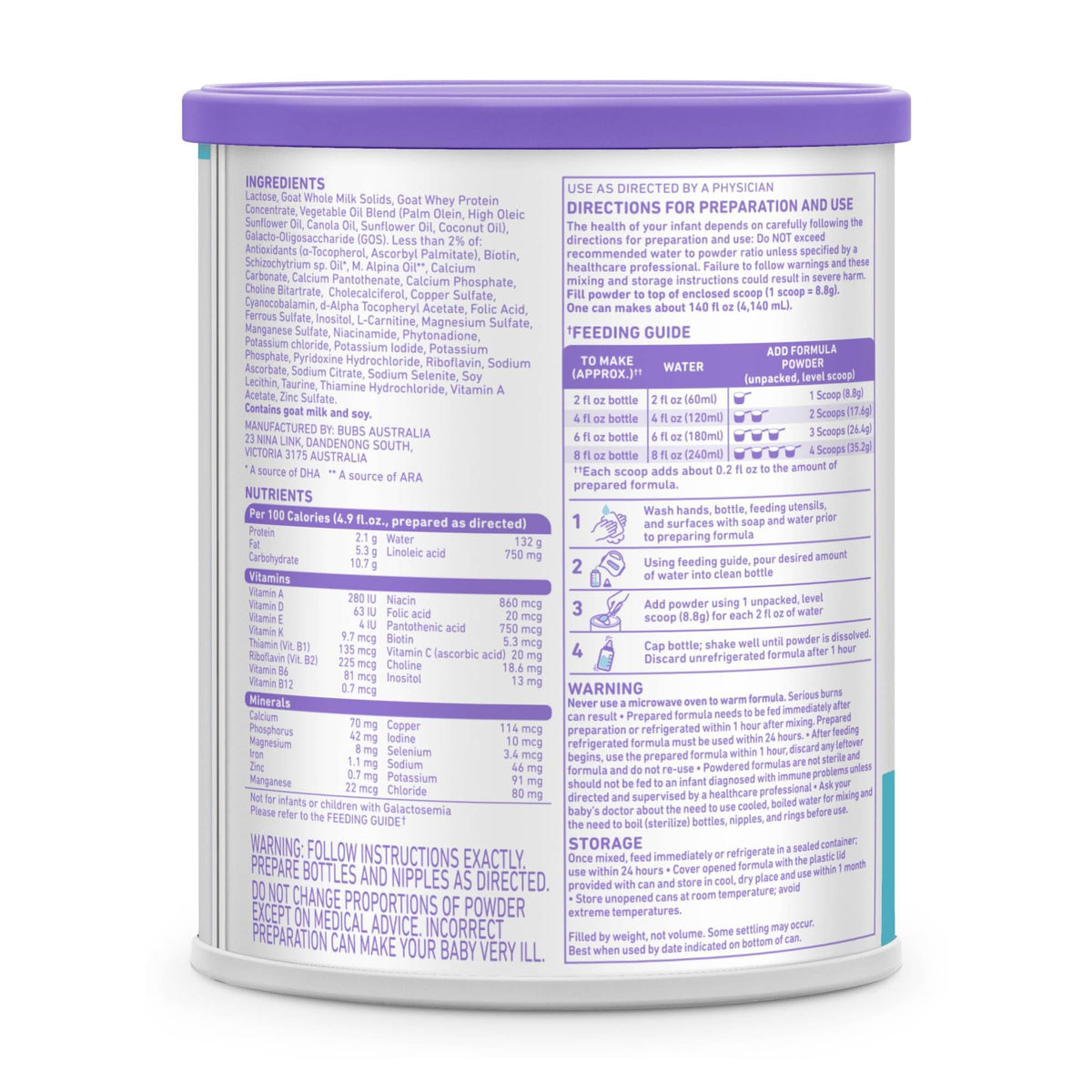 Bubs Whole Goat Milk Infant Formula for 0-12 Months, Non-GMO Milk, 20 oz - Jansha Store