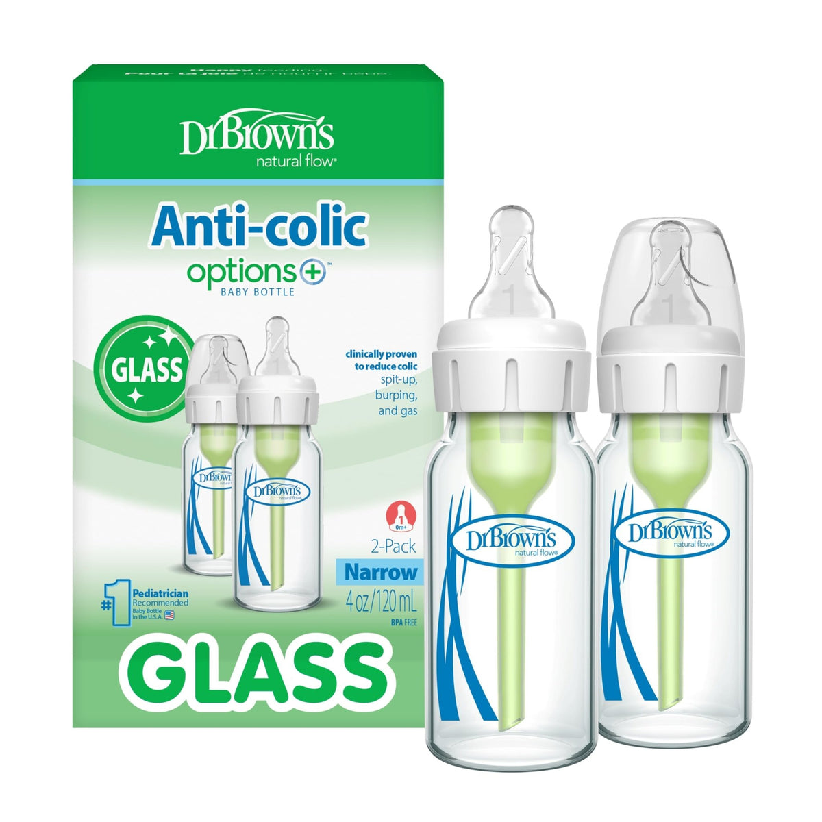 Dr. Brown's Anti-Colic Options+ Narrow Glass Baby Bottle, 8 oz/250 mL, with Level 1 Slow Flow Nipple, BPA-Free, 0m+, 1 Pack - Jansha Store