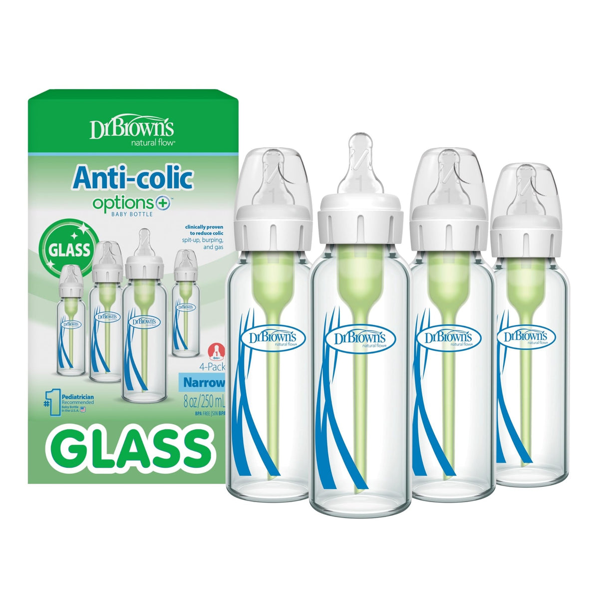 Dr. Brown's Anti-Colic Options+ Narrow Glass Baby Bottle, 8 oz/250 mL, with Level 1 Slow Flow Nipple, BPA-Free, 0m+, 1 Pack - Jansha Store