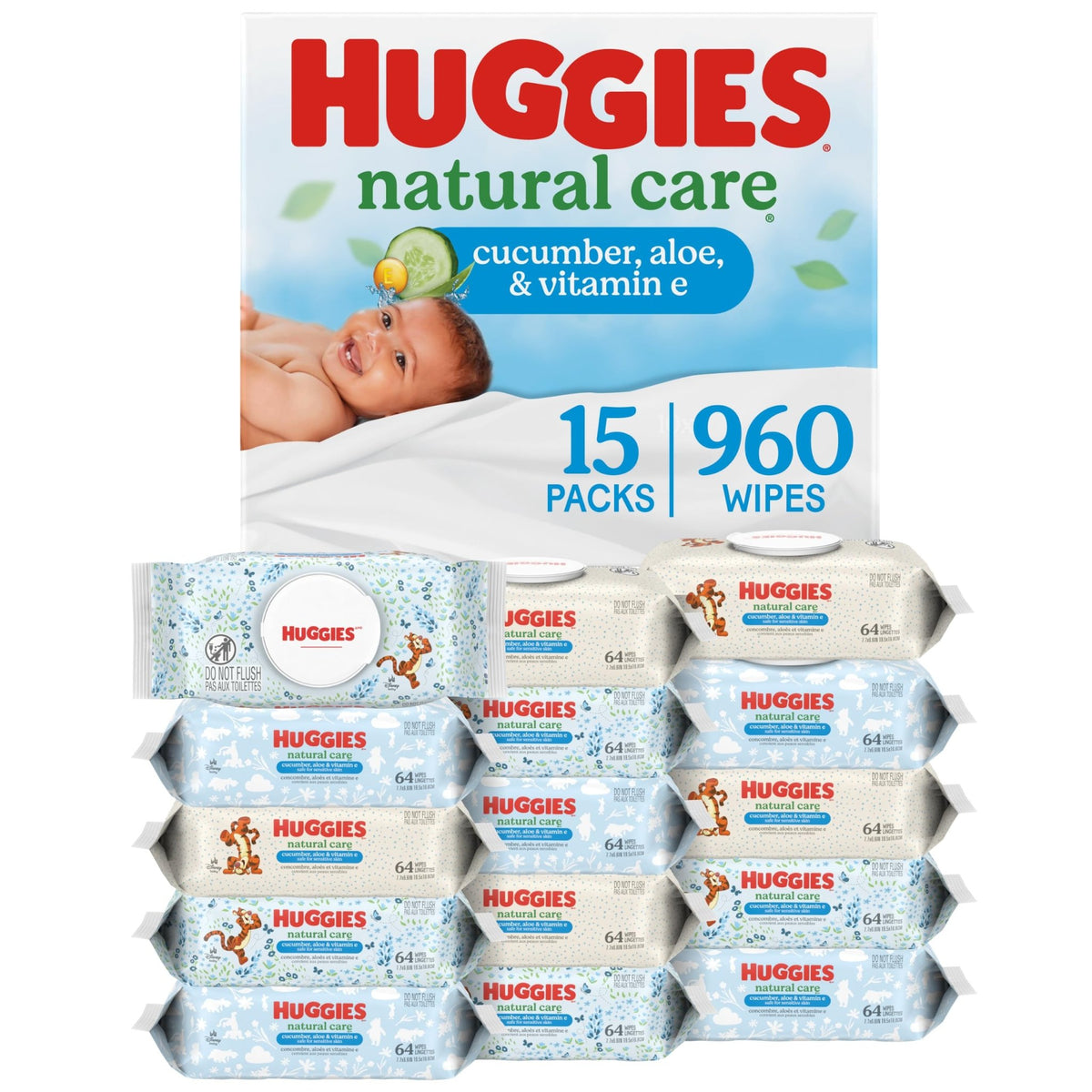 Huggies Natural Care Cucumber, Aloe and Vitamin E Baby Wipes, Hypoallergenic, Scented, 10 Flip-Top Packs (560 Wipes Total), Packaging May Vary - Jansha Store