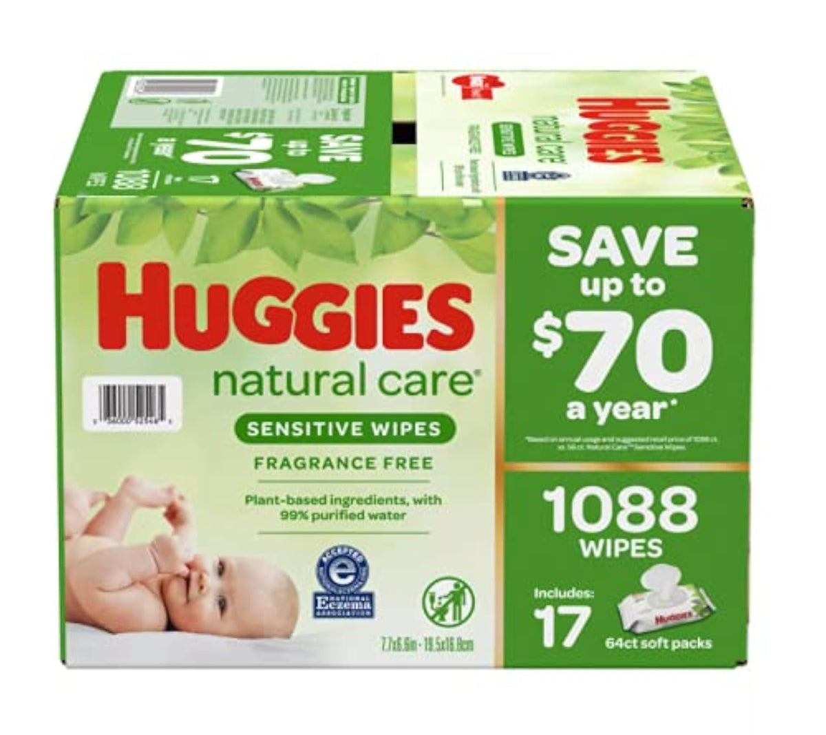 Huggies Natural Care Sensitive Baby Wipes, Unscented, Hypoallergenic, 99% Purified Water, 12 Flip-Top Packs (768 Wipes Total), Packaging May Vary - Jansha Store