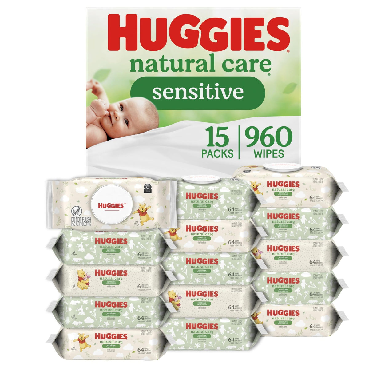 Huggies Natural Care Sensitive Baby Wipes, Unscented, Hypoallergenic, 99% Purified Water, 12 Flip-Top Packs (768 Wipes Total), Packaging May Vary - Jansha Store