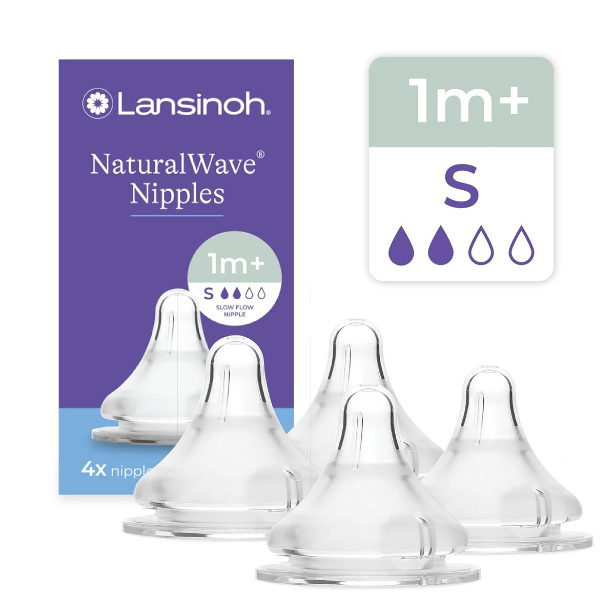 Lansinoh NaturalWave Baby Bottle Nipples, Slow Flow (S), 4 Count - Jansha Store