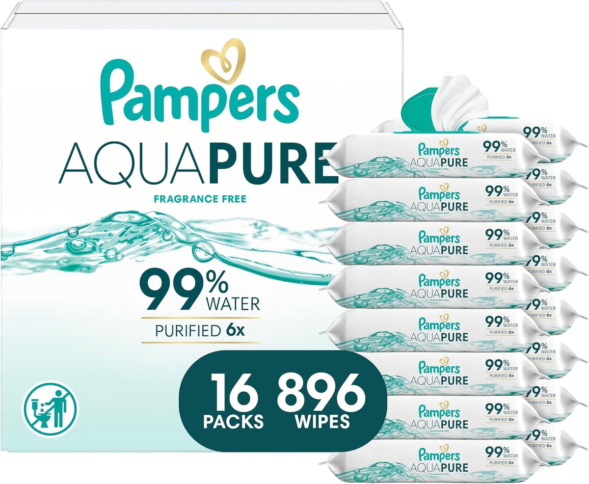 Pampers Aqua Pure Baby Wipes, Unscented, Fragrance Free, 99% Water, Water Based, Multi-Use, 672 Wipes Total (12X Flip-Top Packs) - Jansha Store