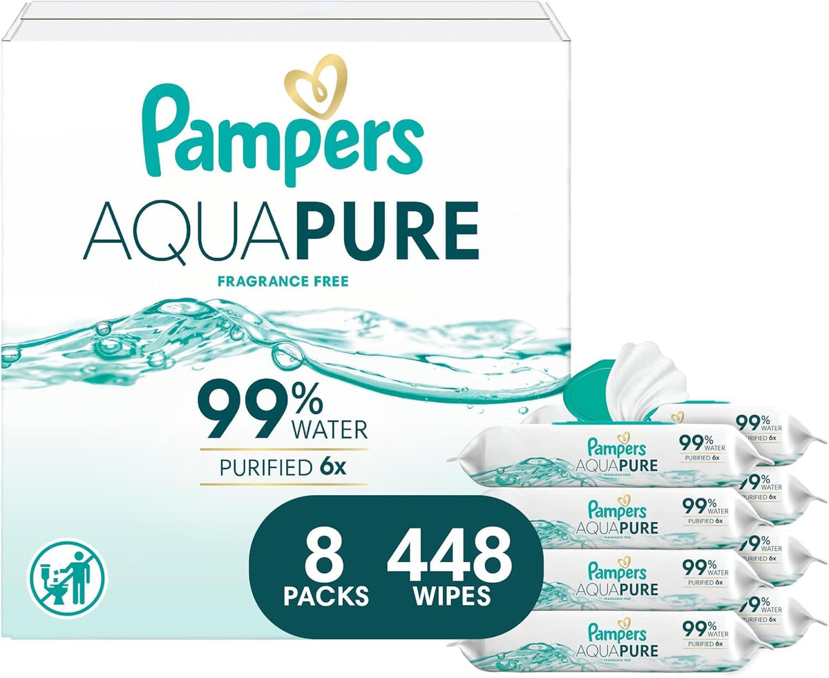 Pampers Aqua Pure Baby Wipes, Unscented, Fragrance Free, 99% Water, Water Based, Multi-Use, 672 Wipes Total (12X Flip-Top Packs) - Jansha Store