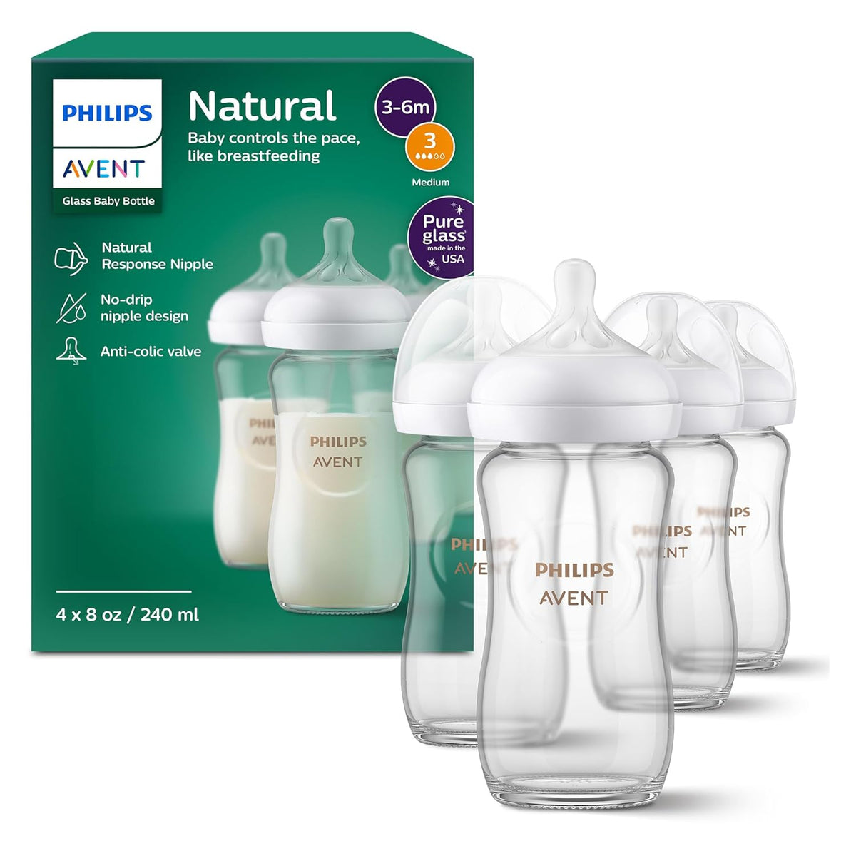 Philips Avent Natural Glass Baby Bottles, Medium Flow, 8 oz, BPA-Free - Jansha Store