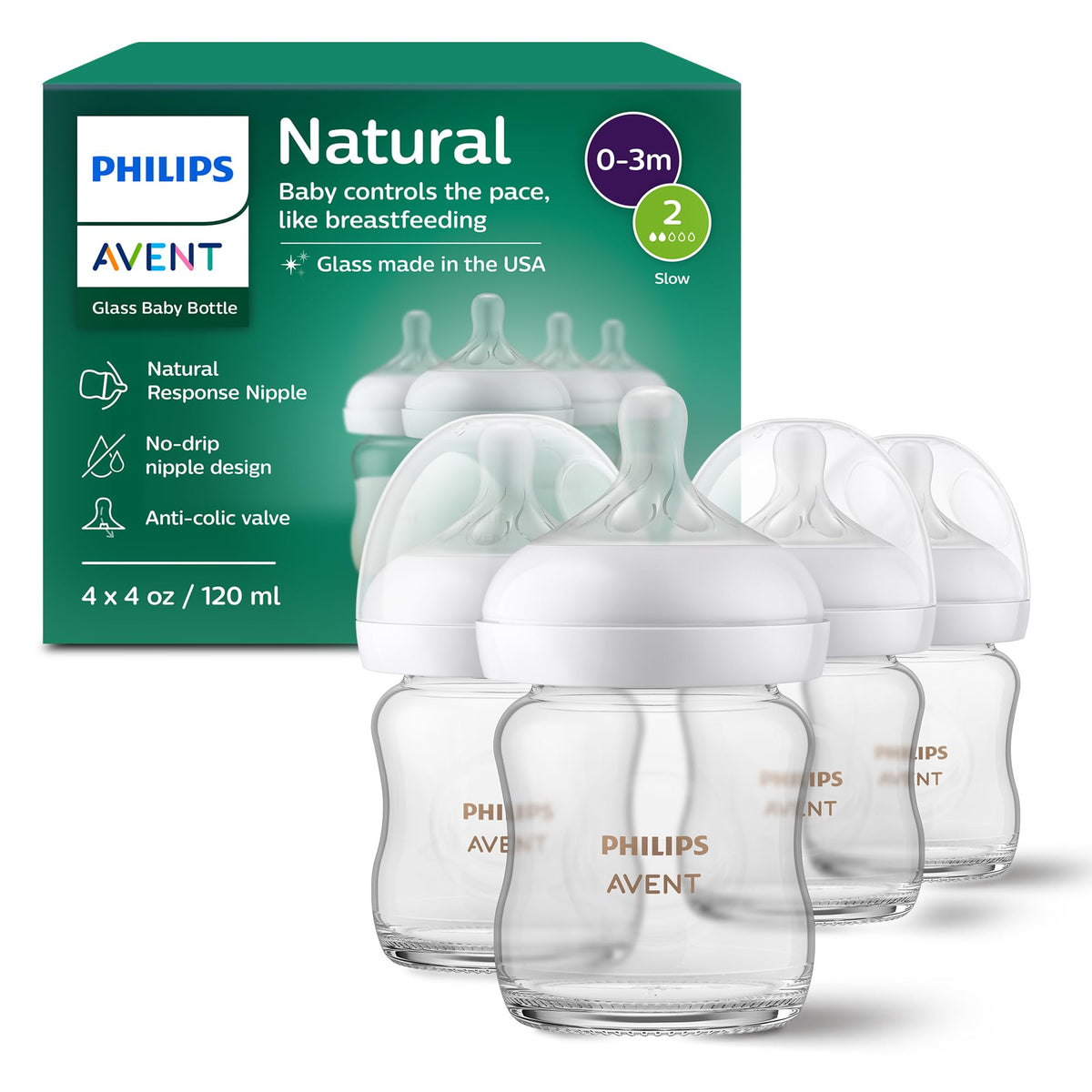 Philips Avent Natural Glass Baby Bottles, Medium Flow, 8 oz, BPA-Free - Jansha Store