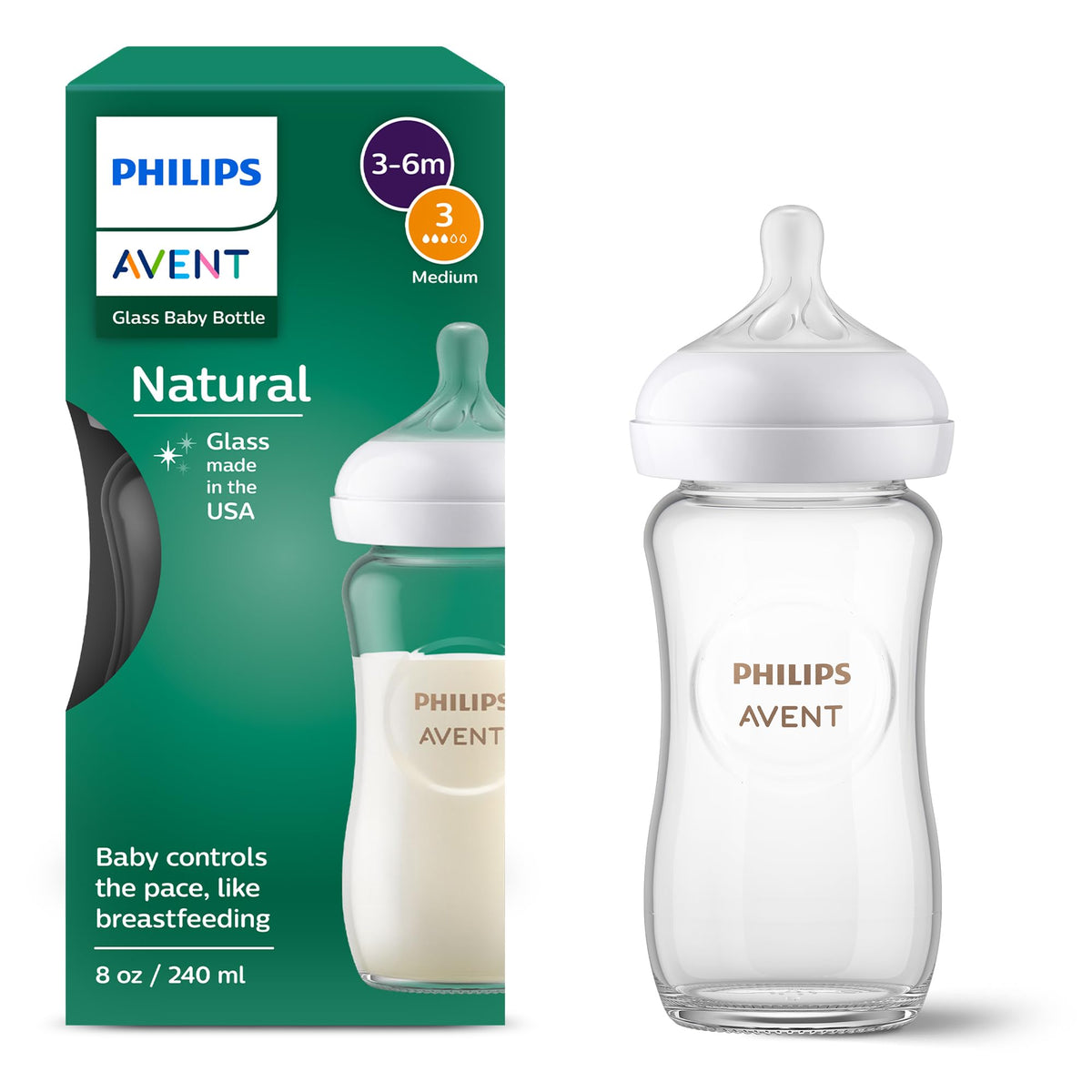 Philips Avent Natural Glass Baby Bottles, Medium Flow, 8 oz, BPA-Free - Jansha Store
