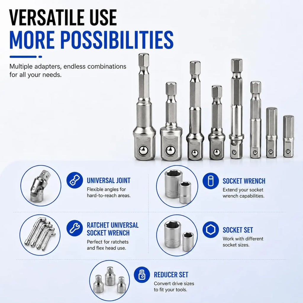 8Pcs Impact Socket Adapter Set, 1/4 3/8 1/2 Hex Shank Square Nut Driver Extension Bit Set for Power Drill Impact Driver Tool Jansha Store