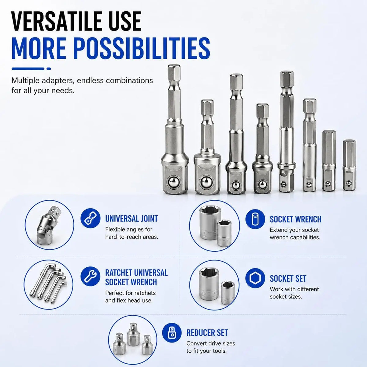 8Pcs Impact Socket Adapter Set, 1/4 3/8 1/2 Hex Shank Square Nut Driver Extension Bit Set for Power Drill Impact Driver Tool Jansha Store