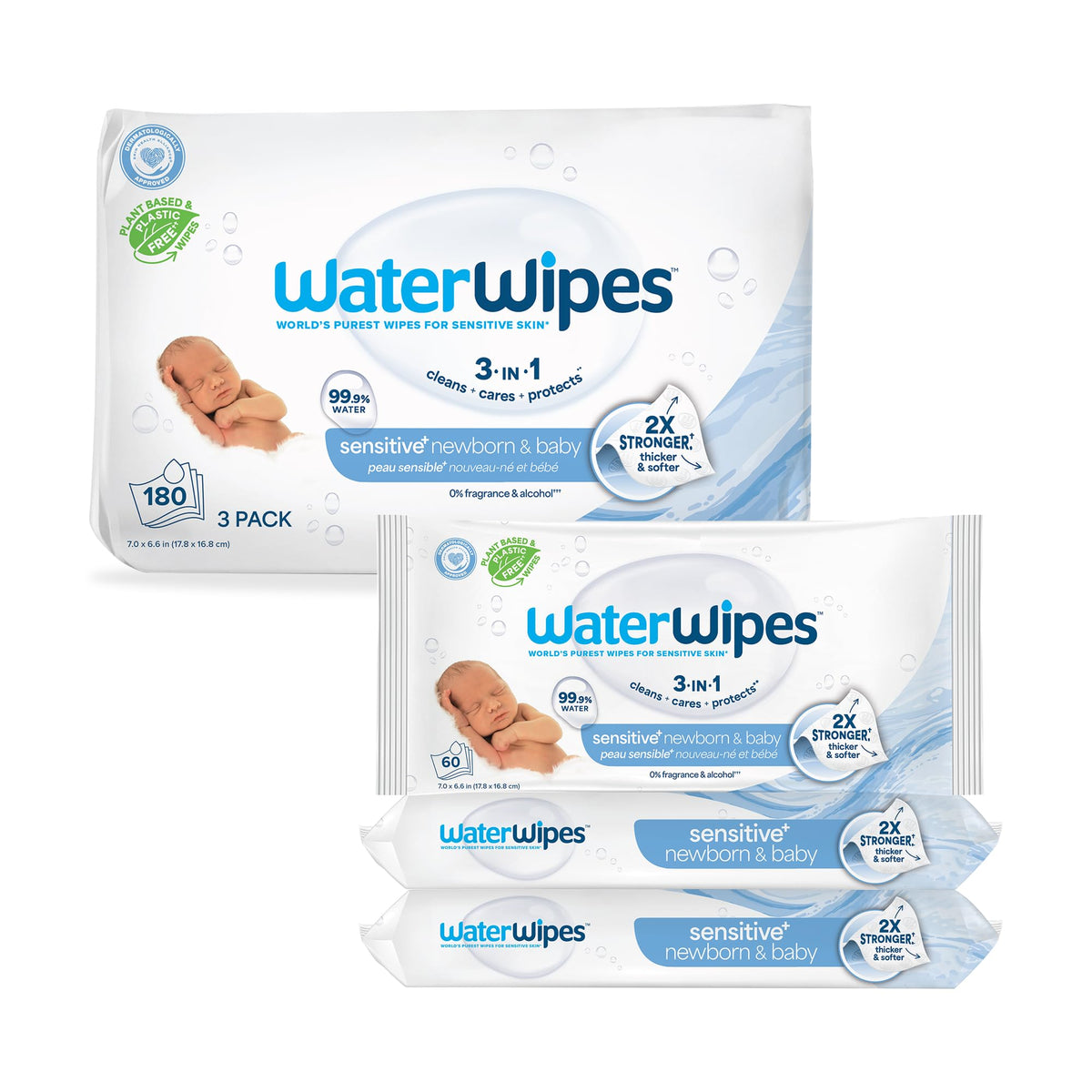 WaterWipes Sensitive+ Newborn & Baby Wipes, 3-In-1 Cleans, Cares, Protects, 99.9% Water, Unscented & Hypoallergenic, 720 Count (12 Packs) - Jansha Store