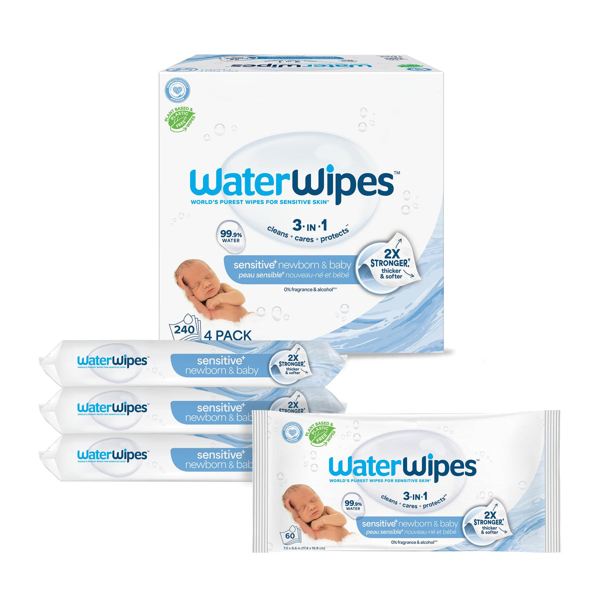 WaterWipes Sensitive+ Newborn & Baby Wipes, 3-In-1 Cleans, Cares, Protects, 99.9% Water, Unscented & Hypoallergenic, 720 Count (12 Packs) - Jansha Store
