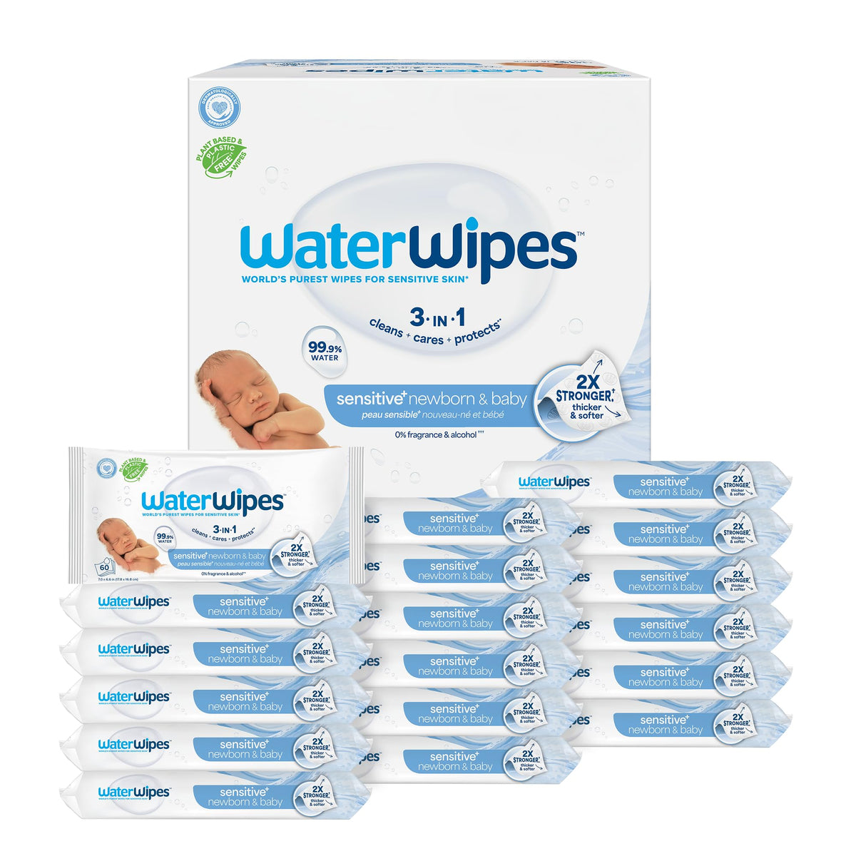 WaterWipes Sensitive+ Newborn & Baby Wipes, 3-In-1 Cleans, Cares, Protects, 99.9% Water, Unscented & Hypoallergenic, 720 Count (12 Packs) - Jansha Store